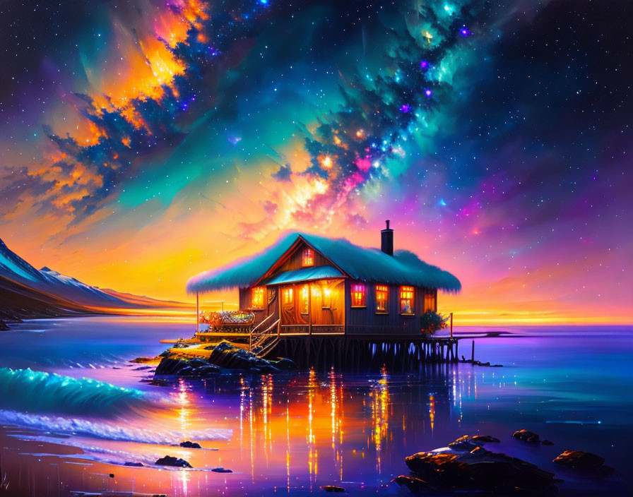 Cozy lakeside cabin under vibrant starry sky & aurora colors