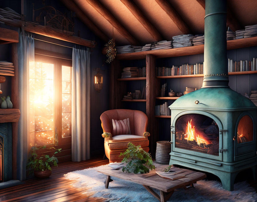 Vintage armchair, fireplace, bookshelves, and sunlight in cozy room