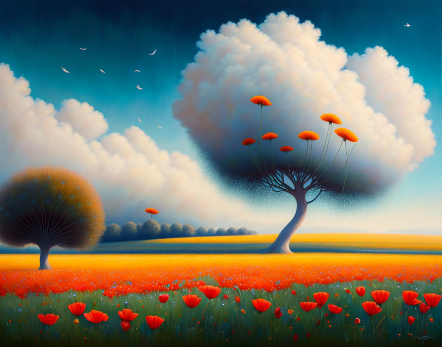 Surreal landscape with flying umbrellas and red poppies