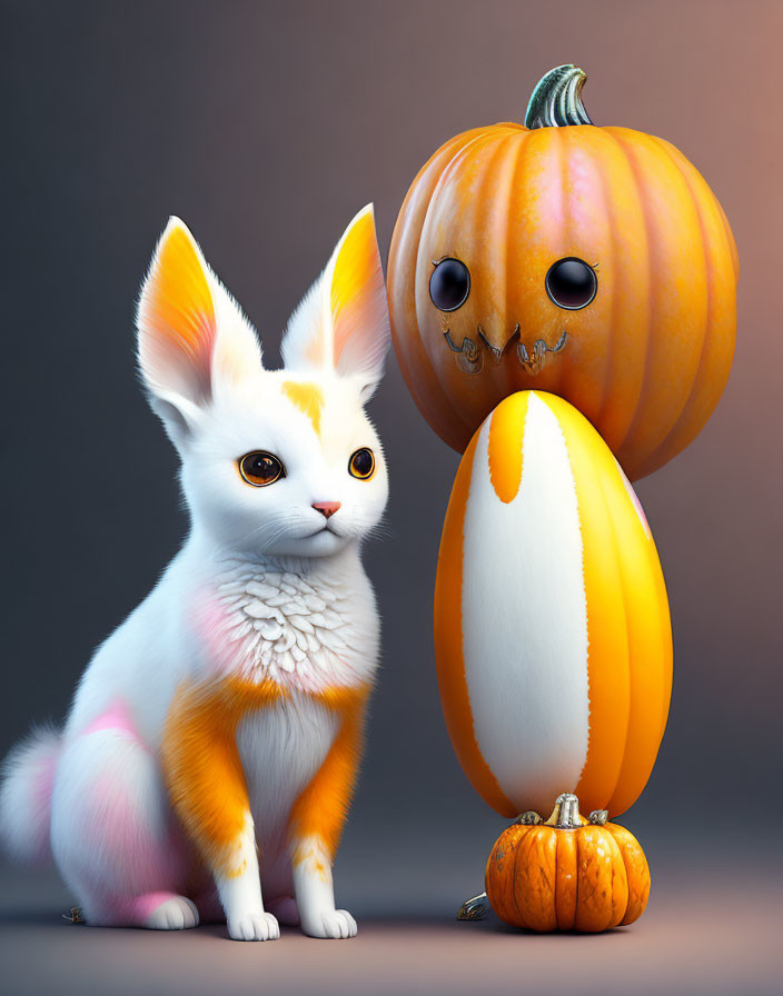 Whimsical feline-fox hybrid next to surprised pumpkin