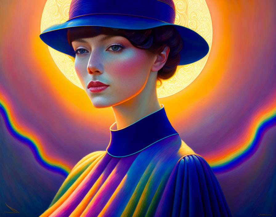 Stylized portrait of woman in blue hat and pleated garment against vibrant multicolored background.