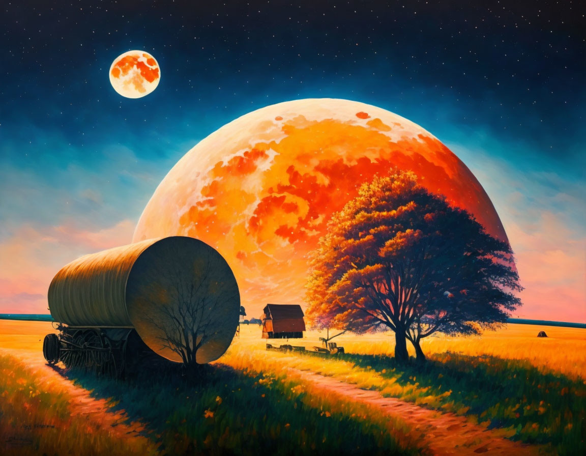 Surreal landscape painting with oversized moon, wagon, lone tree, bench