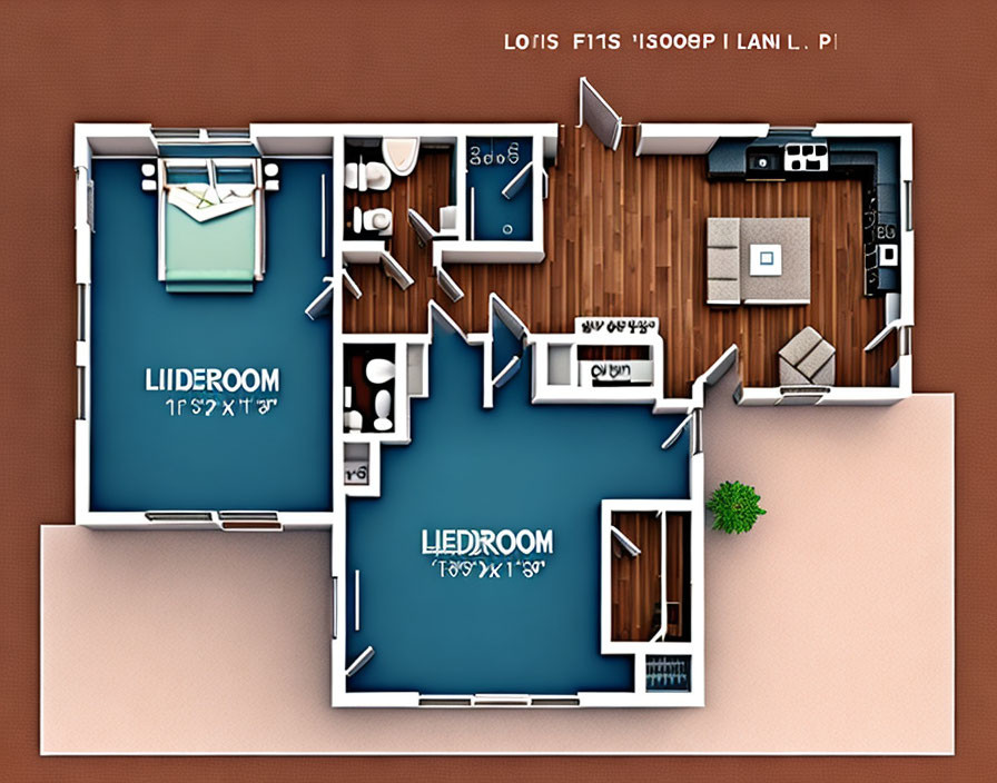 Detailed 3D Floor Plan of Two-Bedroom Apartment with Furnishings and Measurements