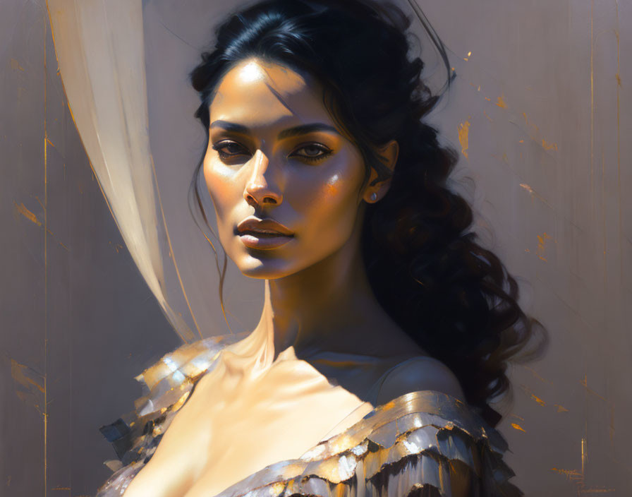 Digital painting of woman with golden light, deep gaze, dark hair, metallic garment