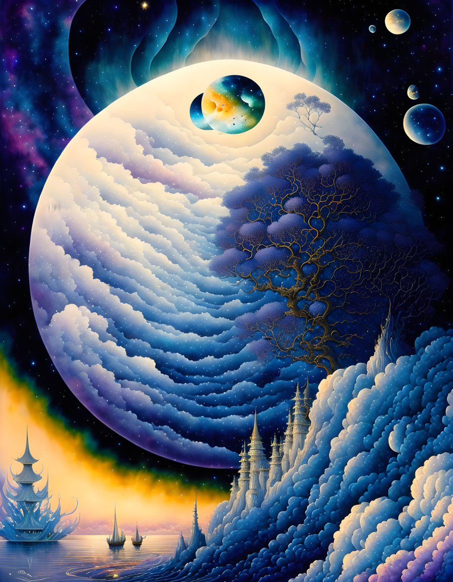 Surreal celestial artwork with multiple moons, tree, clouds, and ships