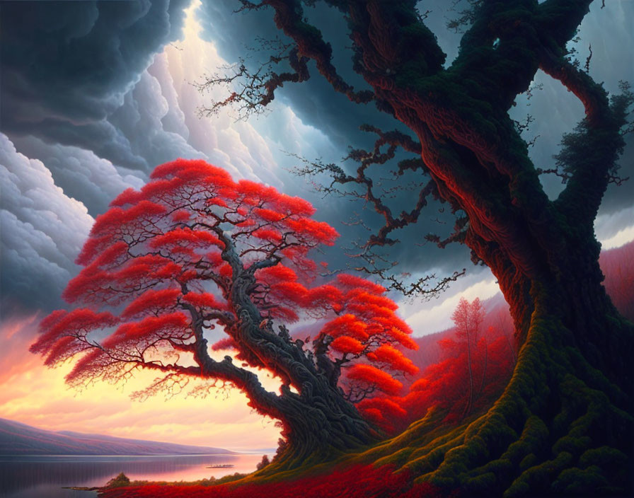 Colorful artwork: Red-leaved tree by tranquil river under dramatic sky