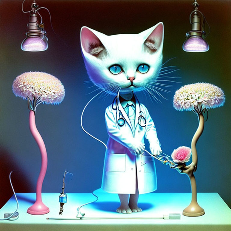 Anthropomorphic kitten in lab coat conducts experiment on flower