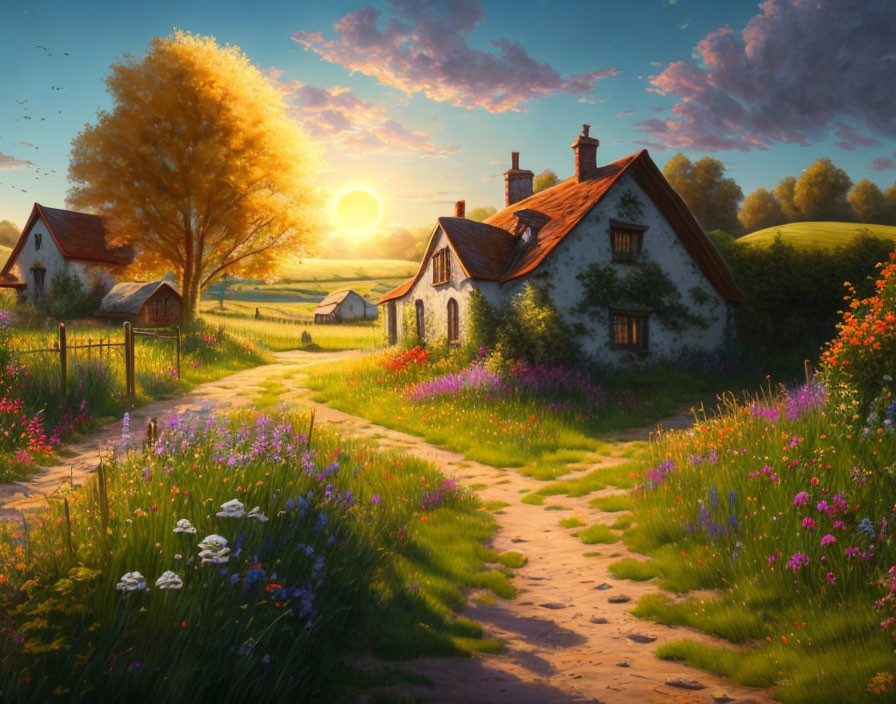 Tranquil rural sunset with cottages, winding path, wildflowers