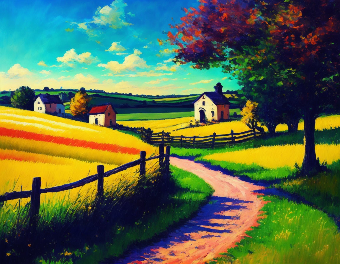 Colorful countryside painting with winding path, white houses, green fields, trees, blue sky