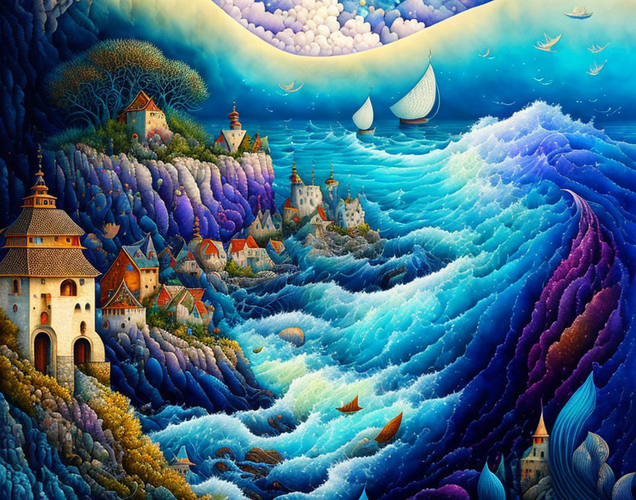 Colorful surreal ocean scene with stylized waves, whimsical houses, boats, and dreamy sky