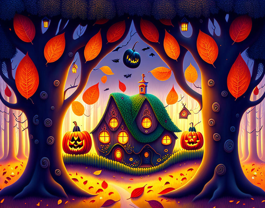 Whimsical Halloween illustration: glowing pumpkins, enchanted house, twilight forest