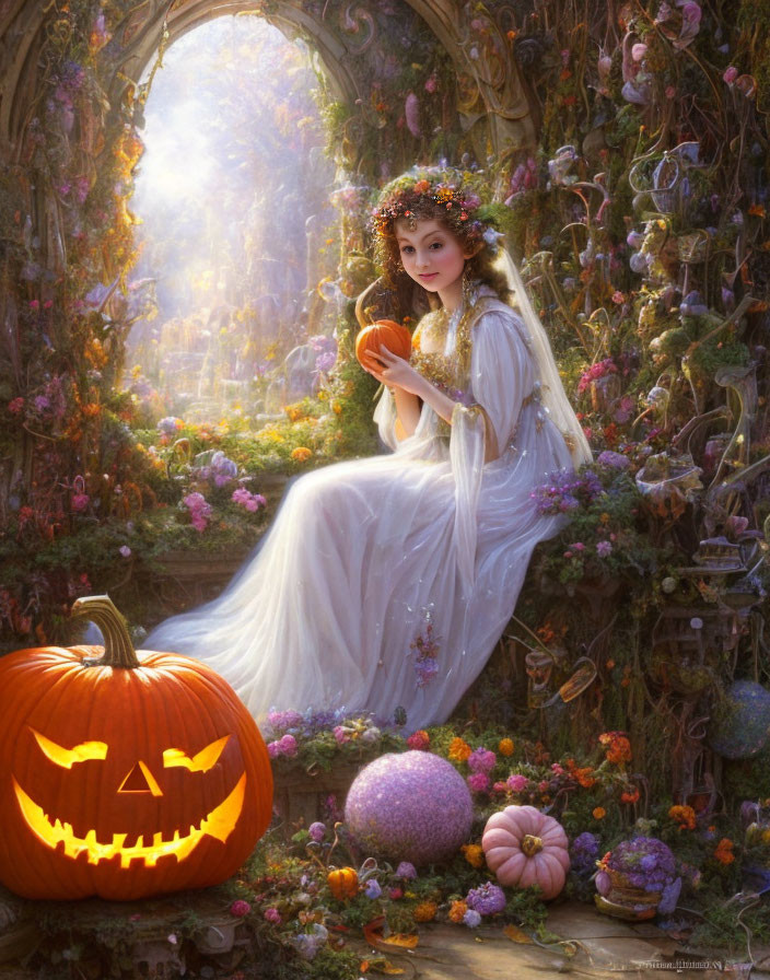 Woman in White Dress Surrounded by Pumpkins in Enchanted Garden