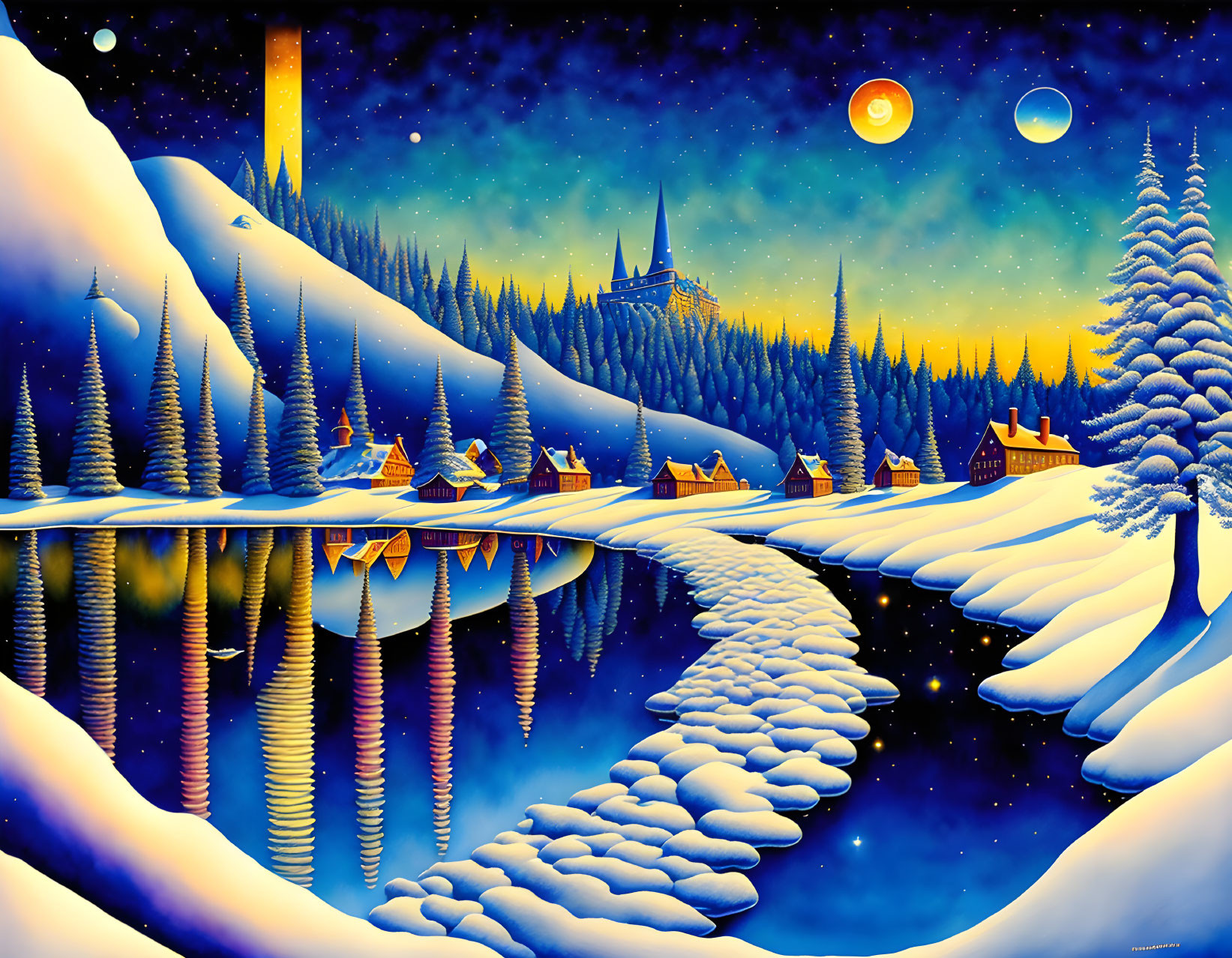 Snowy Night Landscape with River, Pine Trees, and Moons