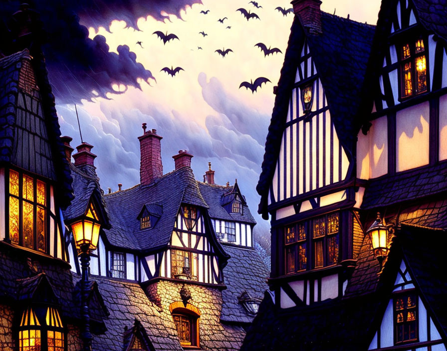 Twilight night scene of Tudor-style houses with bats flying overhead