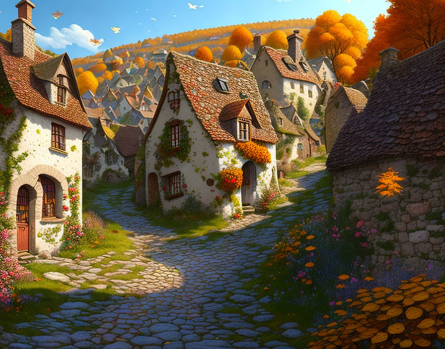 Picturesque village scene: cobblestone streets, whimsical houses, autumn trees, clear sky