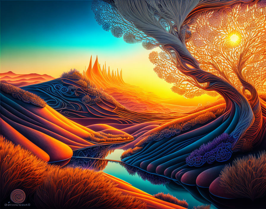 Surreal landscape with whimsical tree and fiery color palette