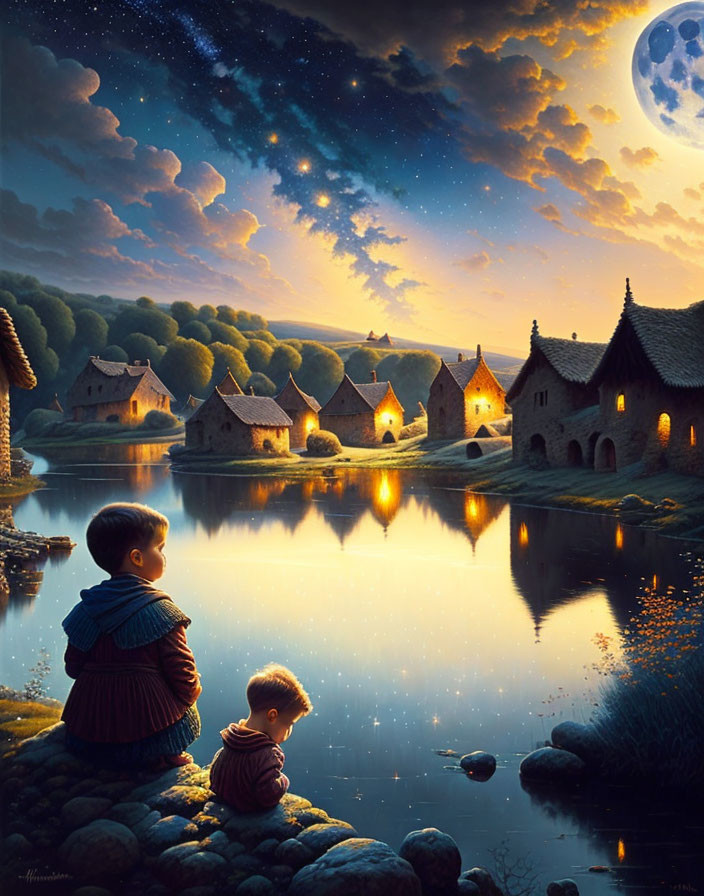 Children by calm river at dusk with village, starry sky, and full moon.