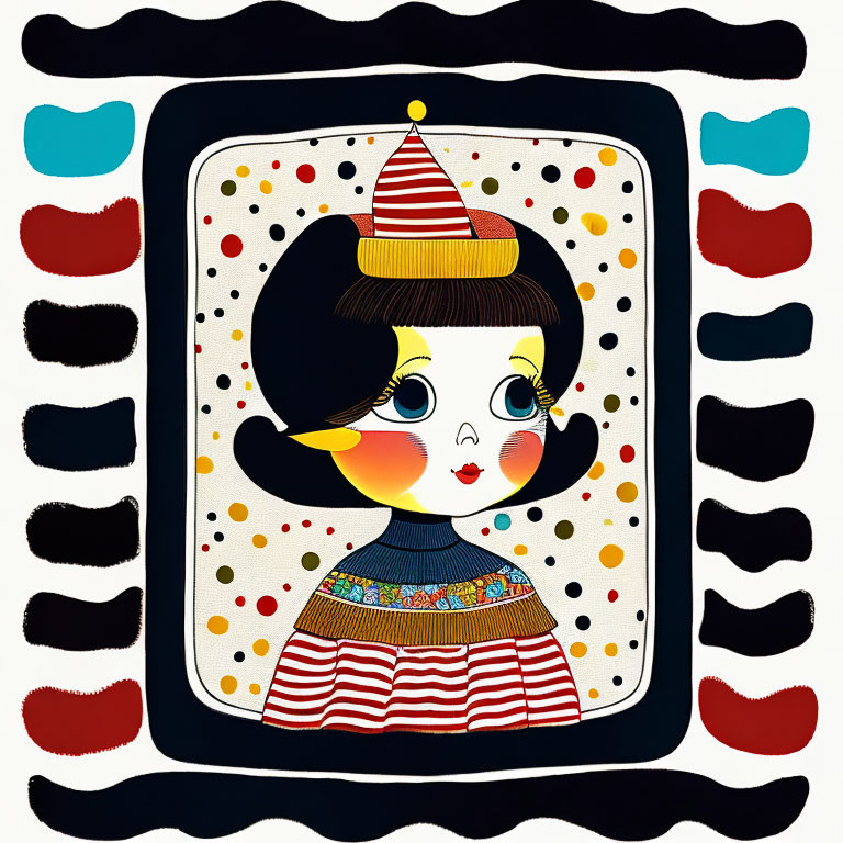 Stylized girl with large eyes in party hat on colorful square canvas