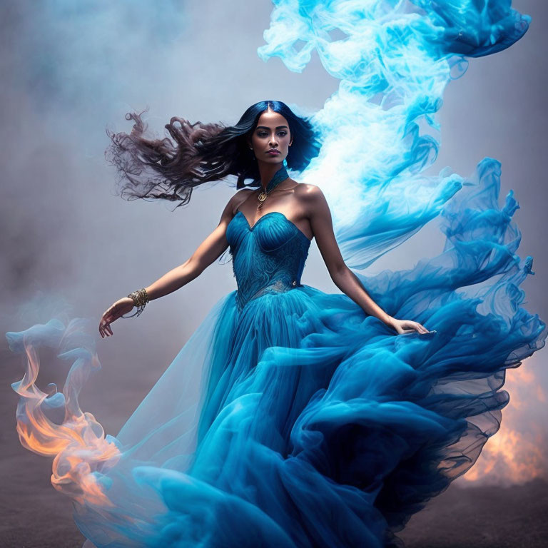 Ethereal woman in flowing blue dress with dynamic smoke wisps