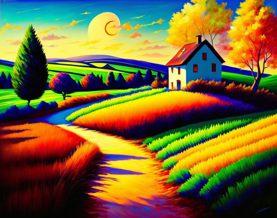 Colorful countryside landscape painting with exaggerated sunset, white house, fields, and stylized trees.