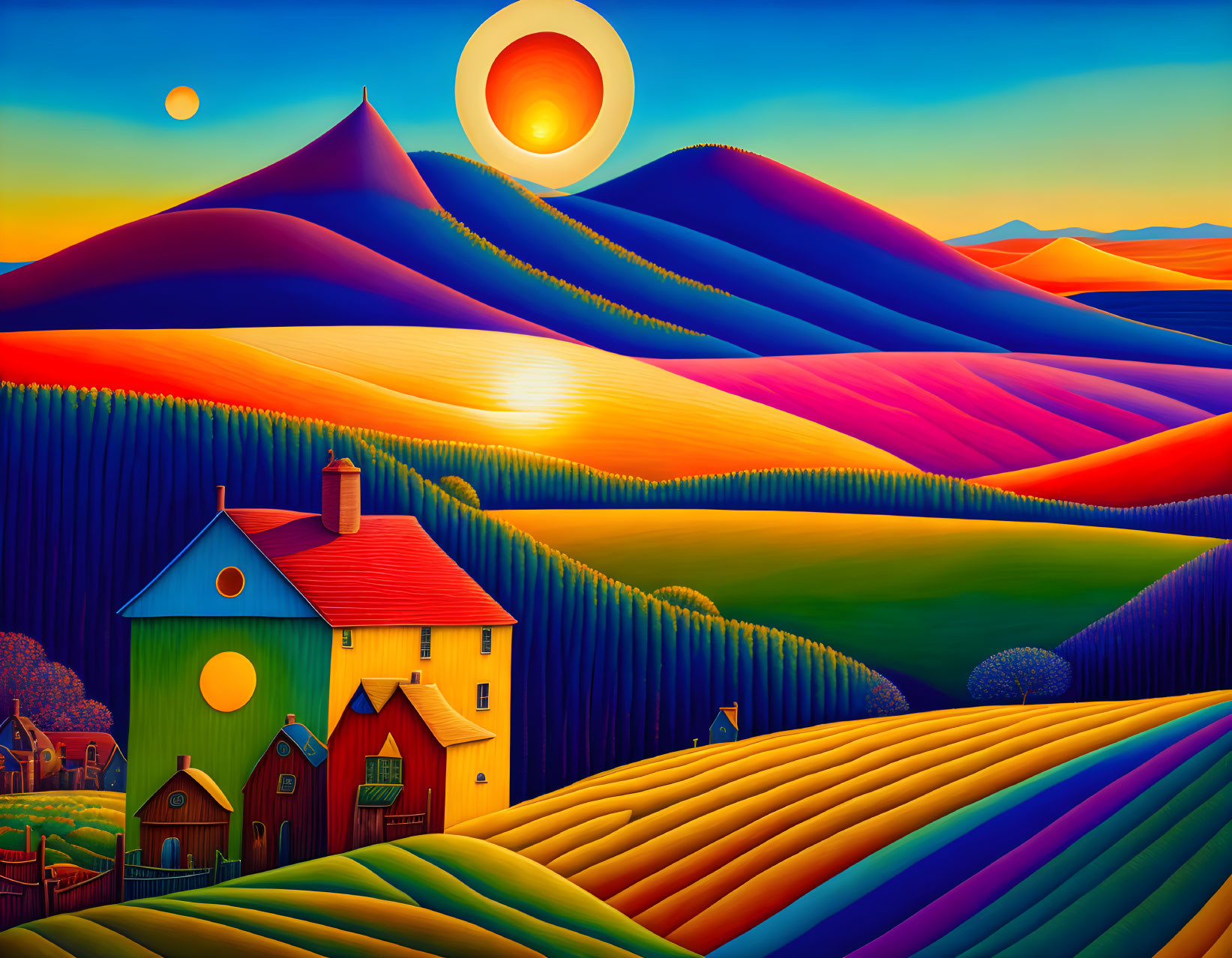 Colorful Stylized Landscape with Rolling Hills and Sunset