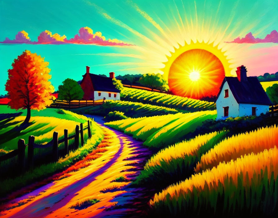 Colorful countryside sunset painting with trees, path, and cottages.