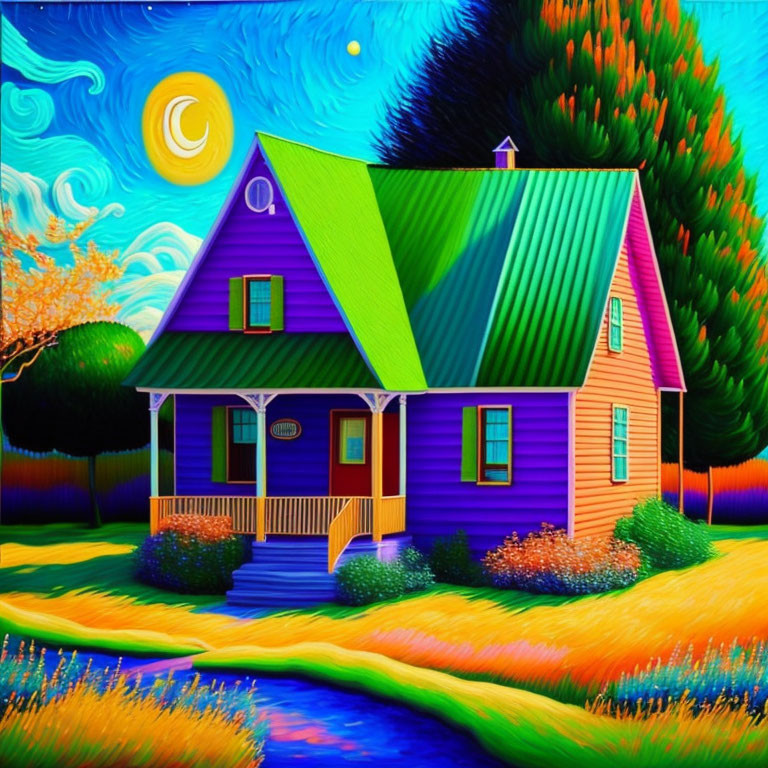 Whimsical house illustration with green roof amid vibrant nature scene