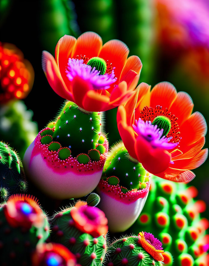 Colorful Digitally Altered Cacti with Neon Blooms on Dark Background