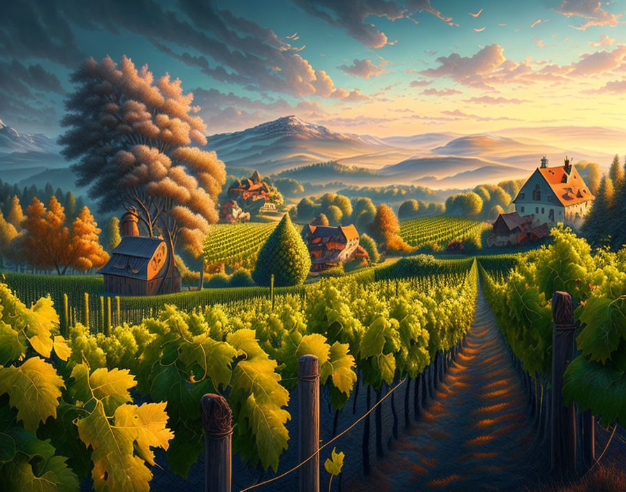 Picturesque rural landscape with vineyards, hills, farmstead, and cozy house under pastel sky