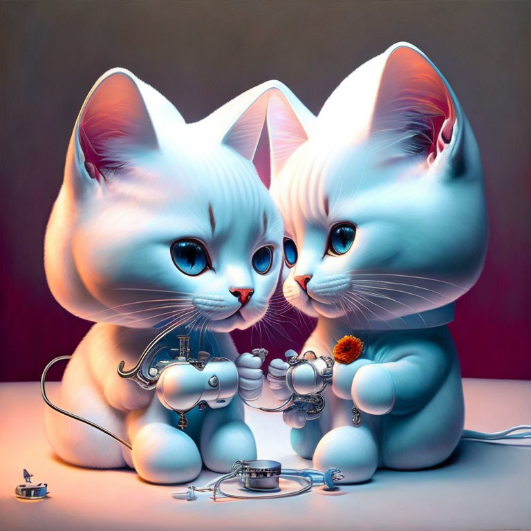 Whimsical animated cats with stethoscope and teapot on table