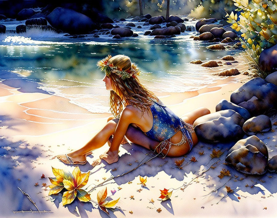 Woman with floral headband by tranquil river in autumn sunlight.