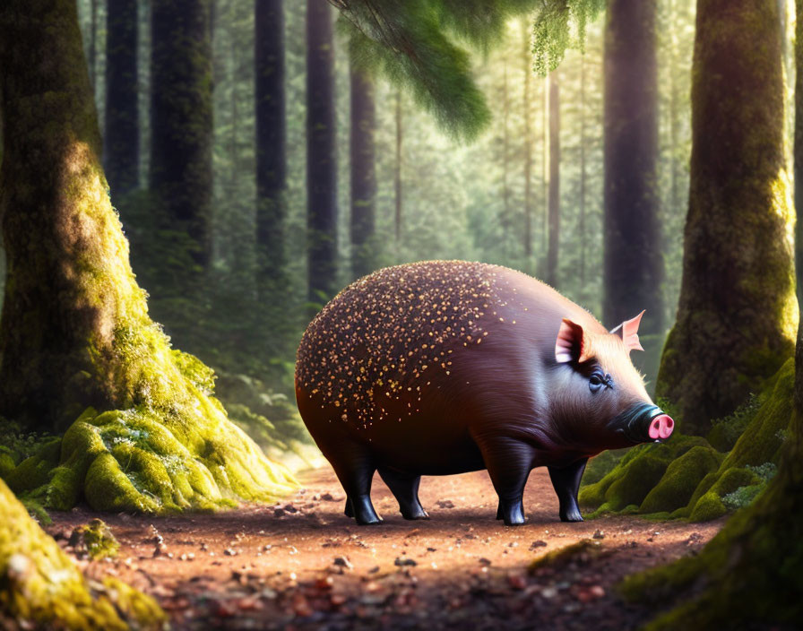 Glowing oversized pig in magical forest with moss-covered trees