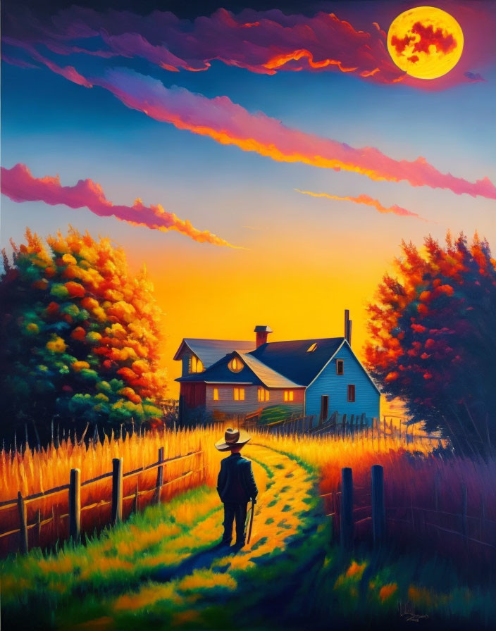 Colorful painting: Person walking to lit house under sunset with moon