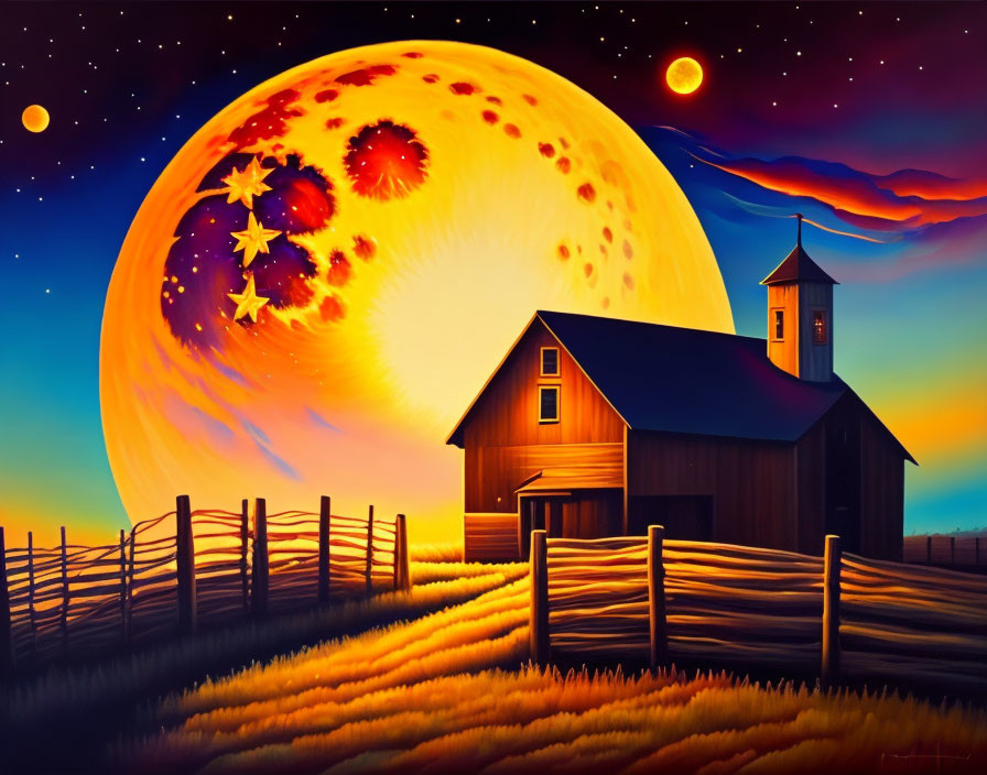 Red barn and silo in whimsical night sky with moon and stars above golden fields.