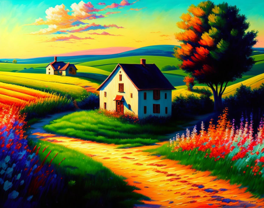 Colorful countryside painting: white house, vibrant fields, blue sky, winding path