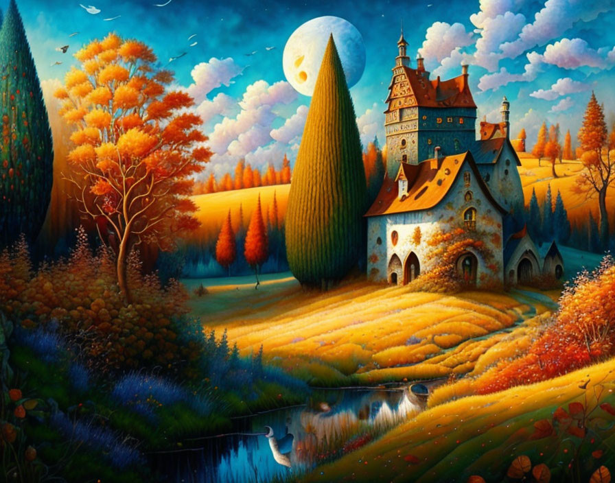 Colorful Fantasy Landscape with Oversized Moon, Castle, Trees, and River