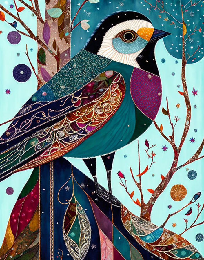 Colorful stylized bird with intricate feather patterns in whimsical forest setting