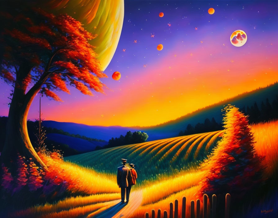 Person standing on path among vibrant hills under surreal sunset sky