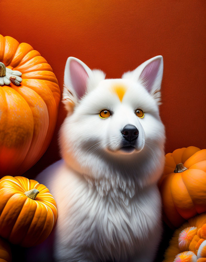 Fluffy white dog with pumpkins on warm orange backdrop