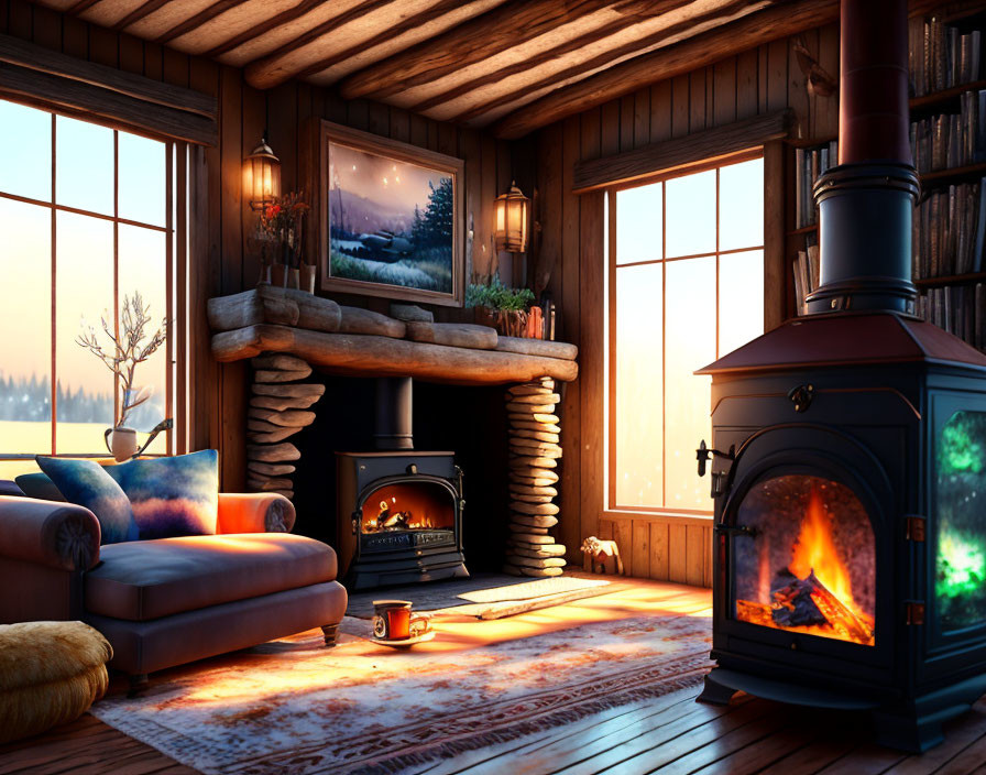 Warm Fireplace and Serene View in Cozy Wooden Cabin