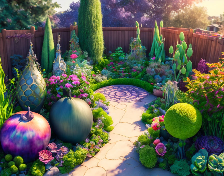 Colorful oversized fruits and vegetables in whimsical garden path