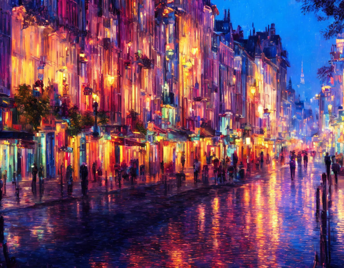 Impressionistic painting of vibrant city street at night