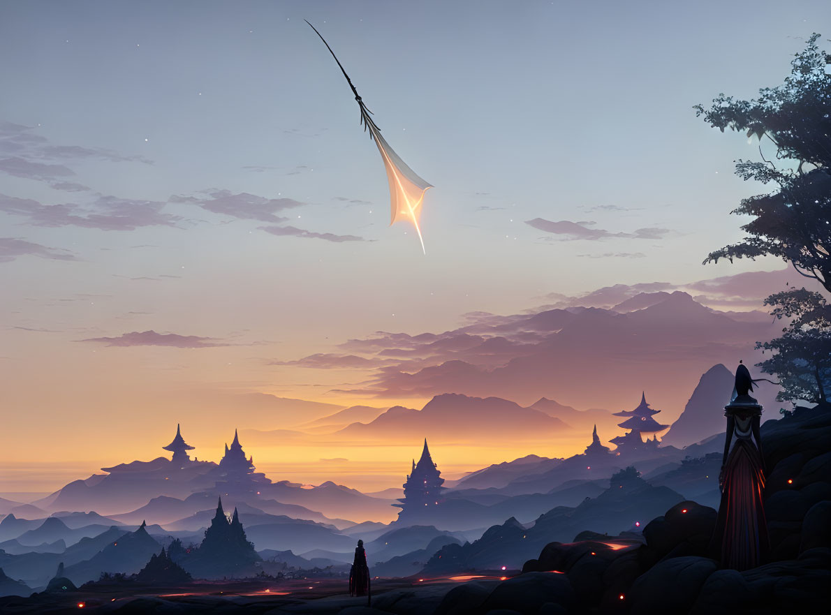 Twilight landscape with shooting star over misty mountains