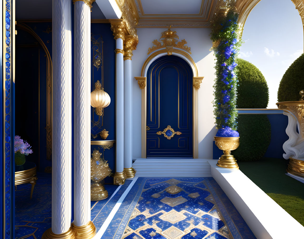 Luxurious Terrace with Gold and Blue Decor, Marble Columns, and Topiary Gardens
