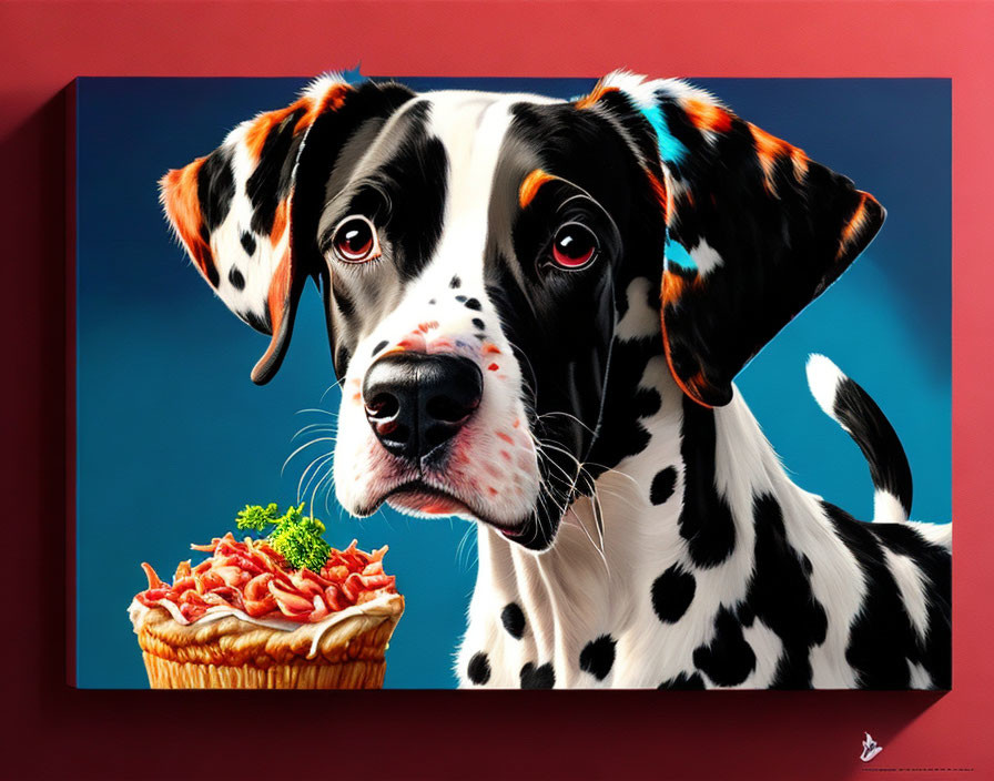 Multicolored Dalmatian admires cupcake on red background