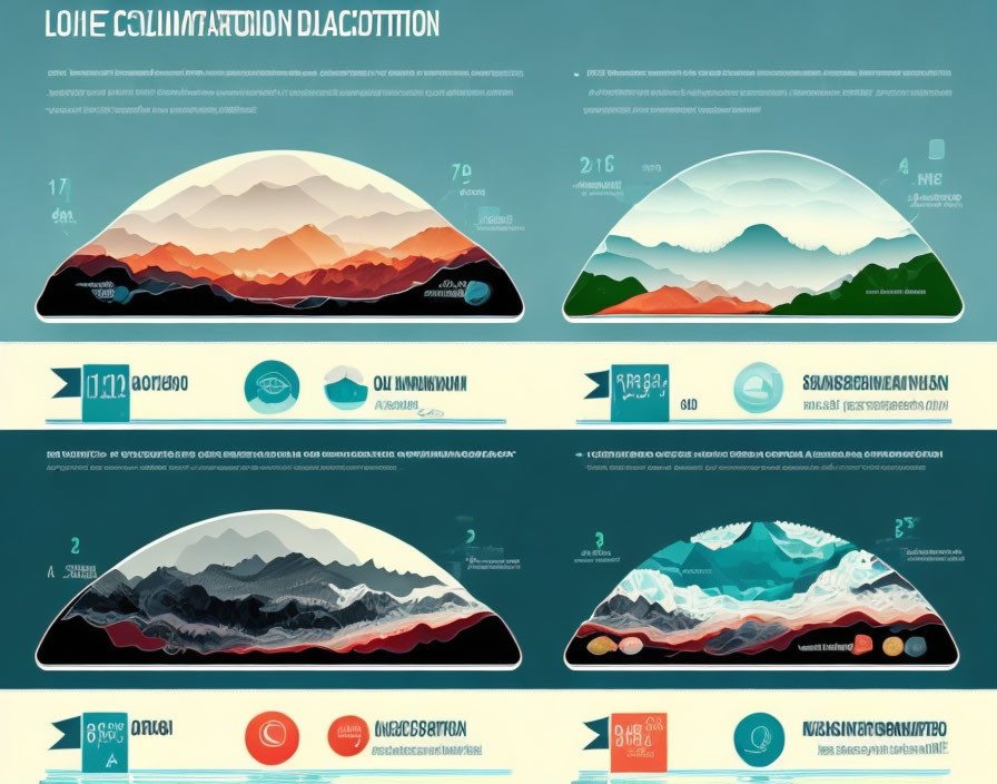 Educational diagrams: Stylized mountain range cross-sections with geological layers and elevation data.