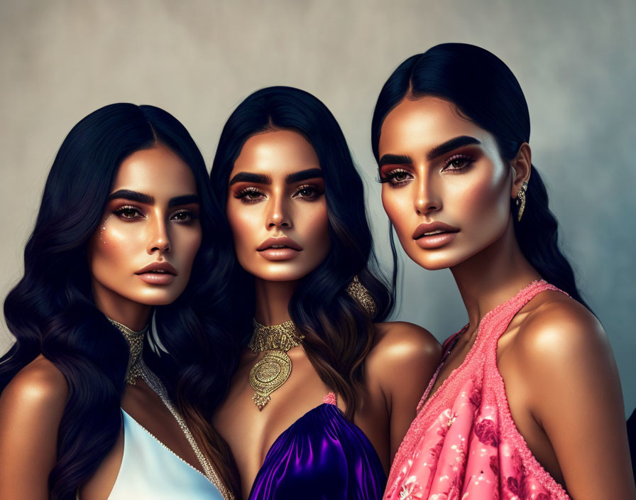 Three women in elegant dresses and striking makeup posing confidently