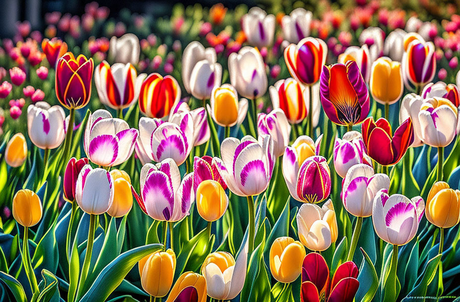 Colorful tulip garden under sunlight: purple, white, red, and yellow.