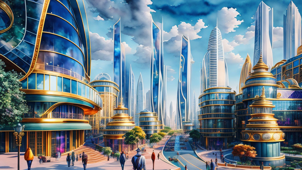 Futuristic cityscape with skyscrapers, greenery, pedestrians, and blue sky.