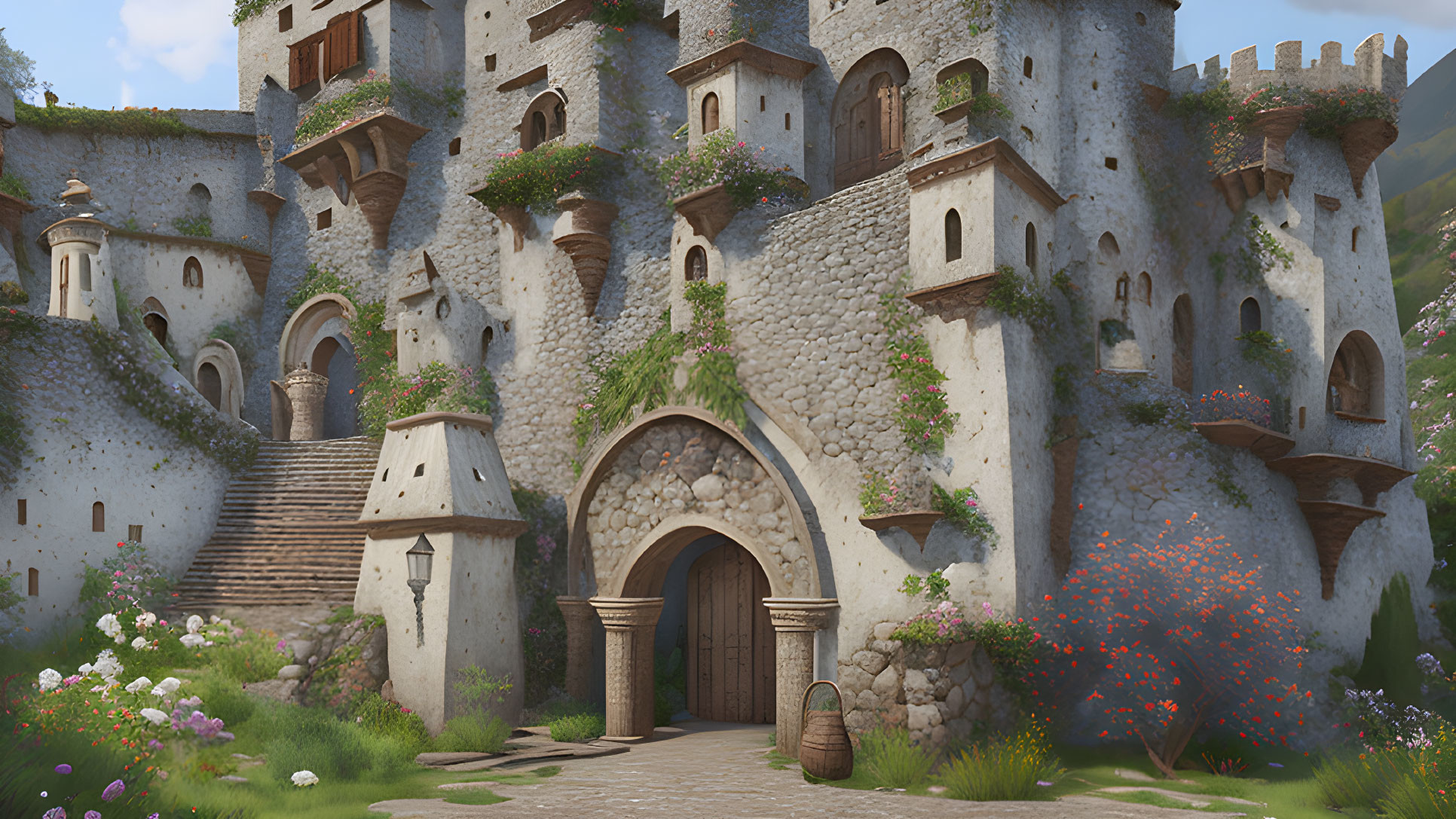 Castle with Multiple Towers, Arched Doorways, Ivy, Flowers, and Blue Sky